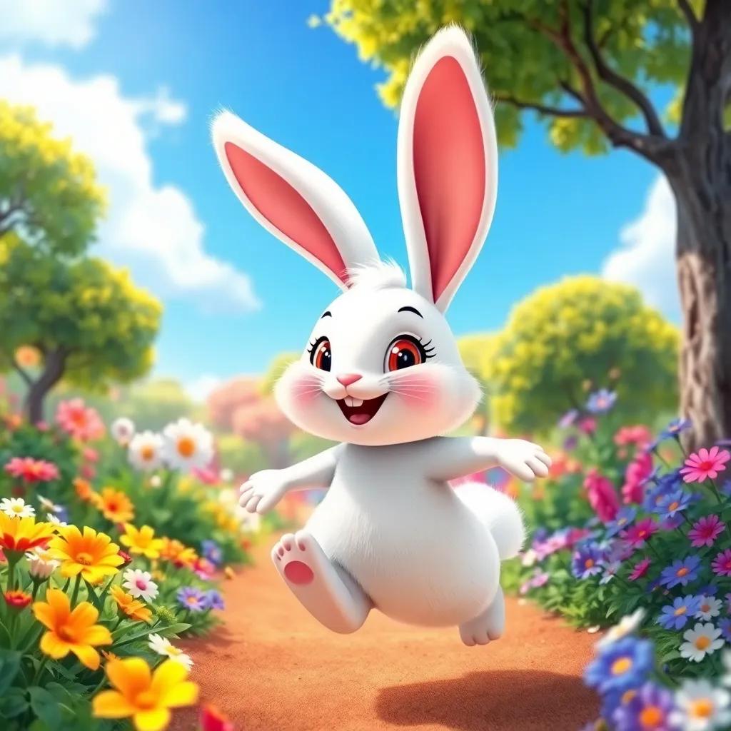 A cheerful bunny named Bella, with fluffy white fur and big ears, hopping in a colorful garden full of flowers and trees, with bright blue sky overhead, digital art, vibrant colors, lively atmosphere