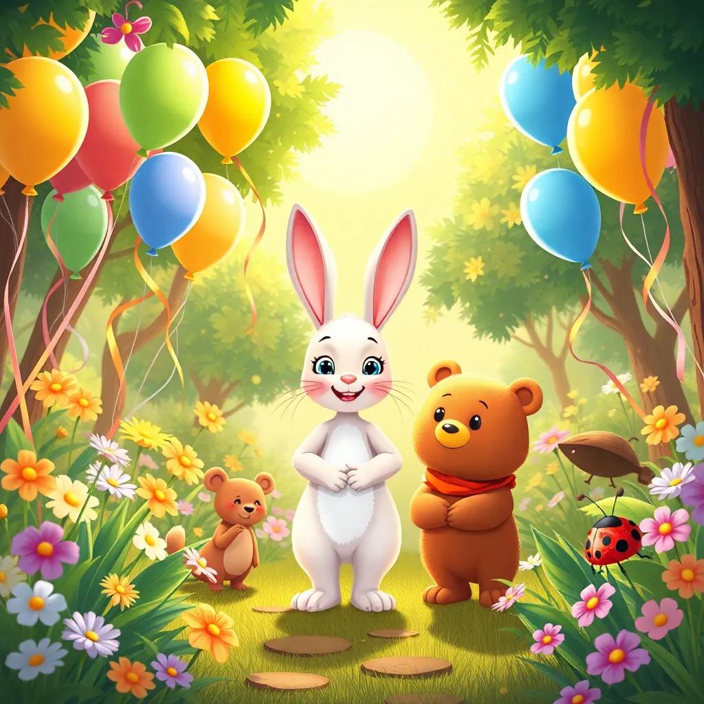 A sunny garden filled with balloons and ribbons, with Bella the bunny welcoming her forest friends like Benny the bear and Lila the ladybug, illustration, bright and cheerful, warm tones