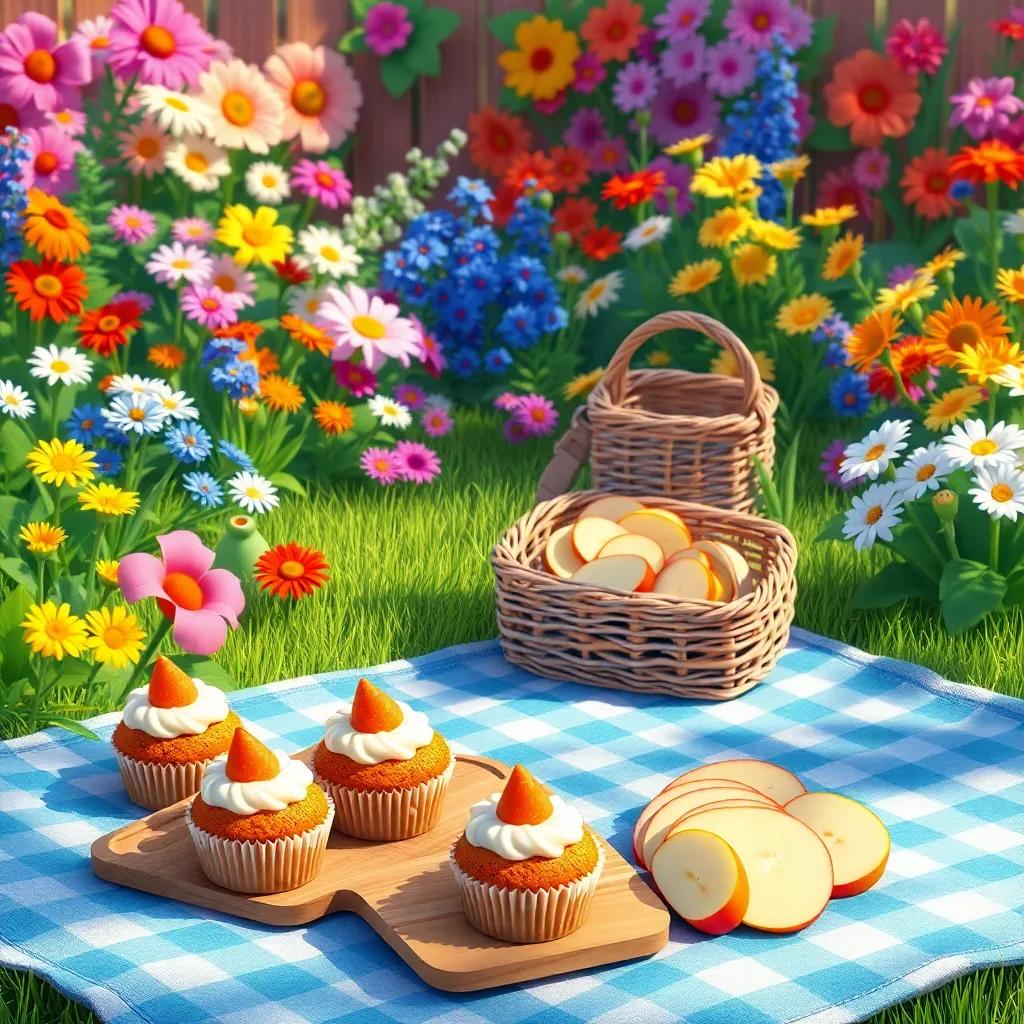 A beautiful garden decorated with various colorful flowers and a picnic blanket laid out, with a variety of delicious snacks like carrot cupcakes and apple slices, digital painting, appetizing and inviting