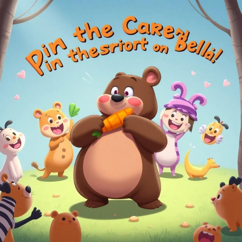 A funny scene of Benny the bear spinning around while trying to 'Pin the Carrot on Bella', surrounded by playful friends laughing, whimsical style, fun and lively