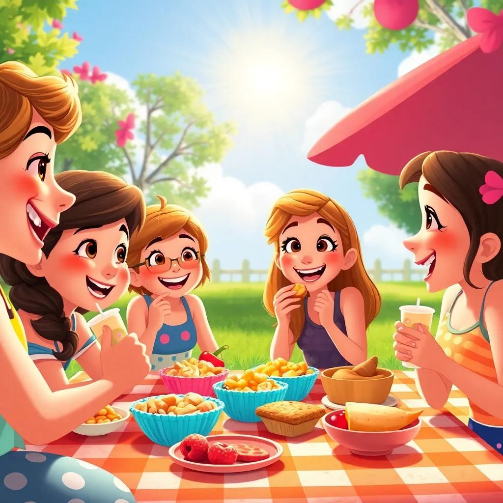 A vibrant picnic scene with Bella and her friends enjoying snacks under the sun, their faces filled with joy and laughter, rich colors, festive atmosphere