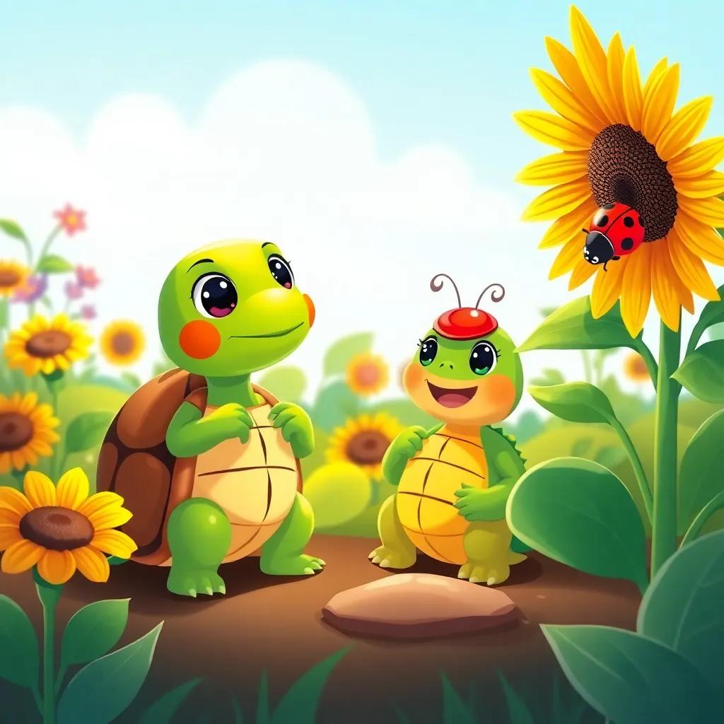 A colorful scene of Timmy the turtle counting while Lila the ladybug hides behind a sunflower, the garden full of life, illustration, playful and fun