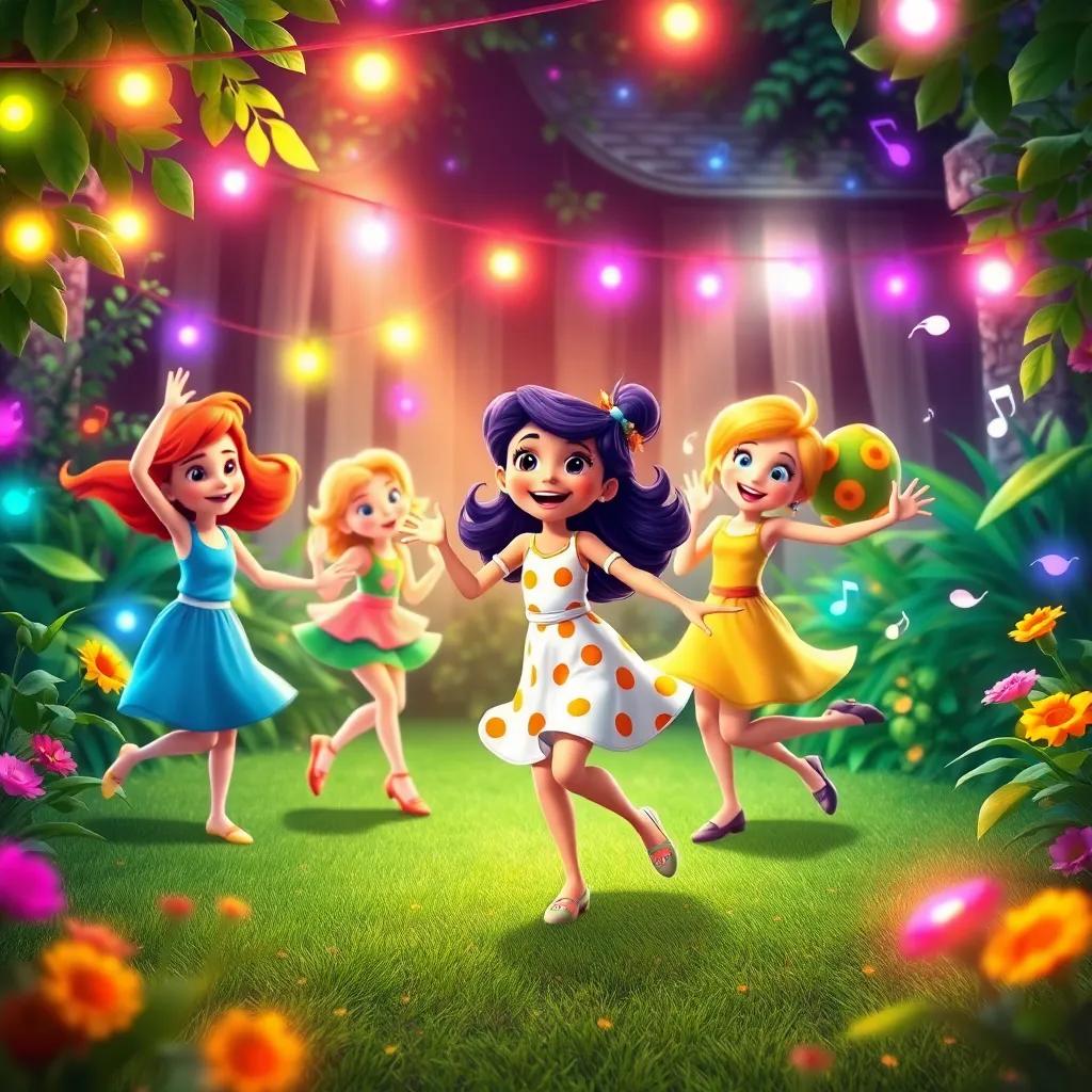 A joyful dance party in the garden, with Bella happily dancing and her friends twirling around, colorful lights and music notes, lively and vibrant