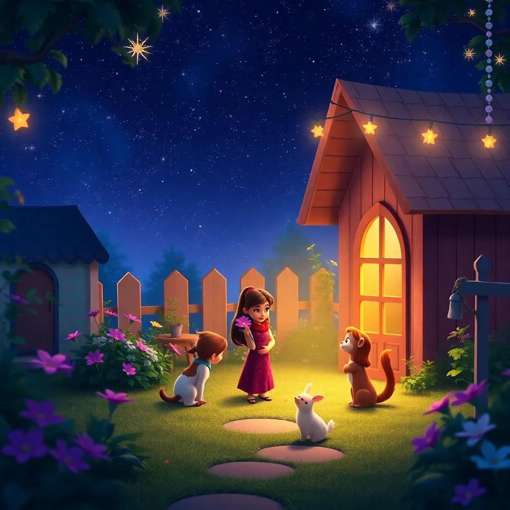 A cozy garden scene with Bella saying goodbye to her friends as the stars twinkle above, a magical and serene atmosphere, lovely night sky with stars