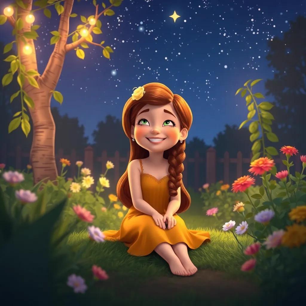 Bella sitting alone in her garden with a happy smile, reflecting on the fun day with friends under a starry night, peaceful and filled with gratitude, soft and calming colors