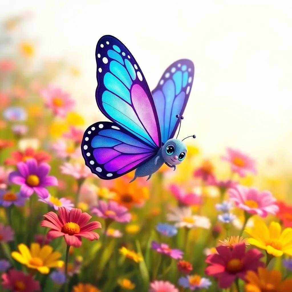 A little butterfly named Bella, with brilliant blue and purple wings, fluttering in a vibrant meadow filled with colorful flowers, sunny atmosphere, digital art, cheerful colors, welcoming vibe, high quality