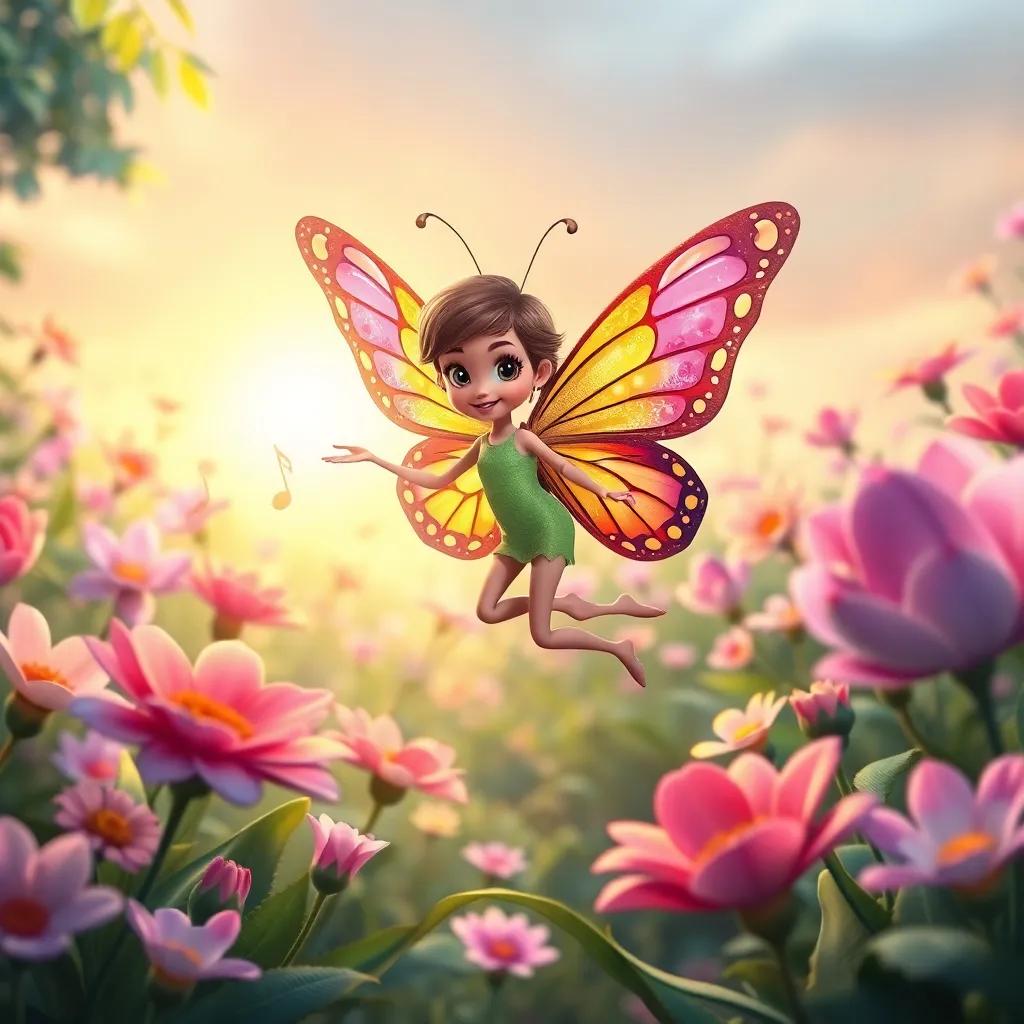 Bella the butterfly, with colorful wings, dancing in a magical garden filled with singing flowers at dawn, with vibrant petals unfolding like musical notes, enchanting scenery, light pastel colors, fantasy, magical atmosphere, highly detailed
