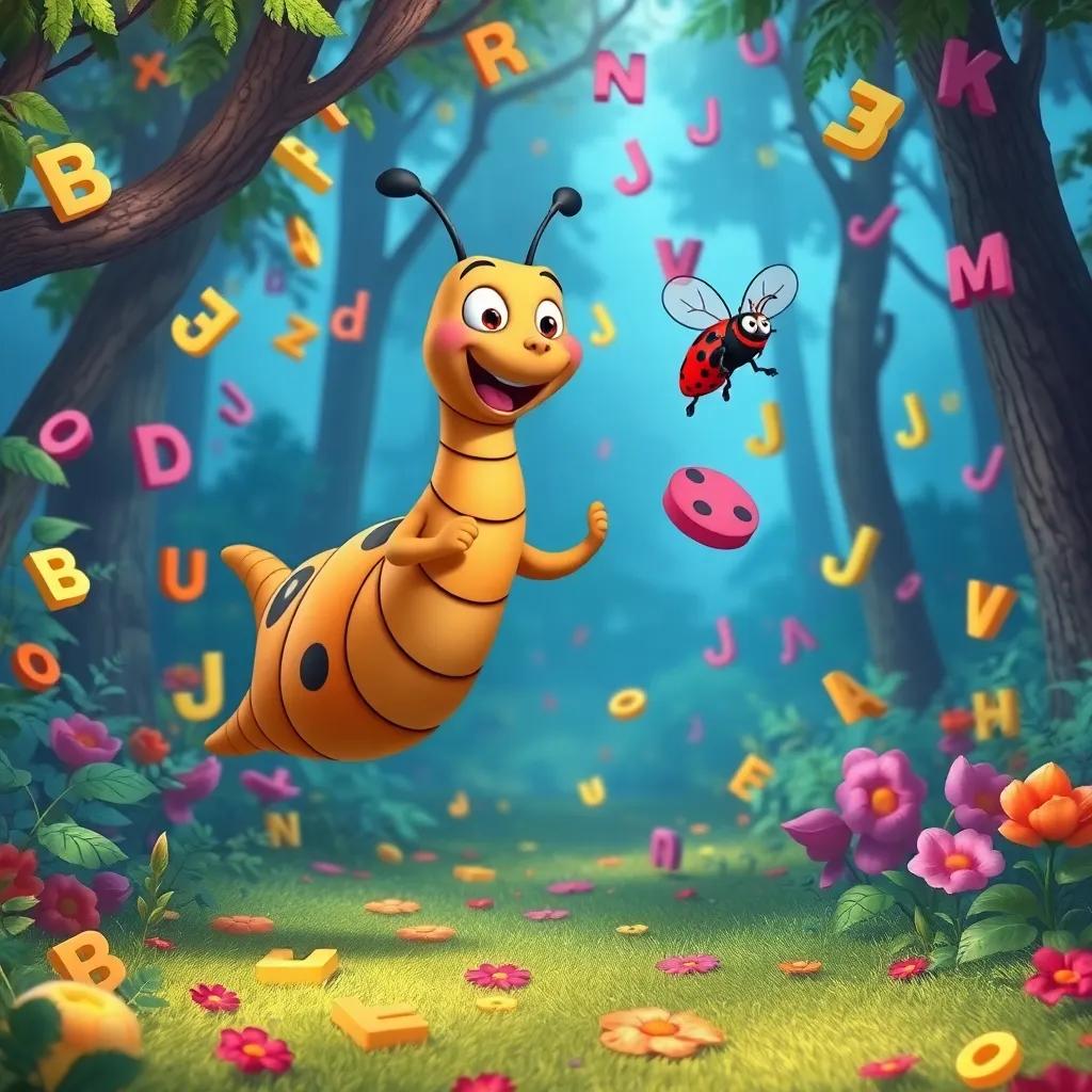 Bennie the bookworm hopping through a vibrant forest, singing with Lila the ladybug, surrounded by many letters dancing in the air, joyful scene, illustration, lively colors, adventure-themed, immersive perspective