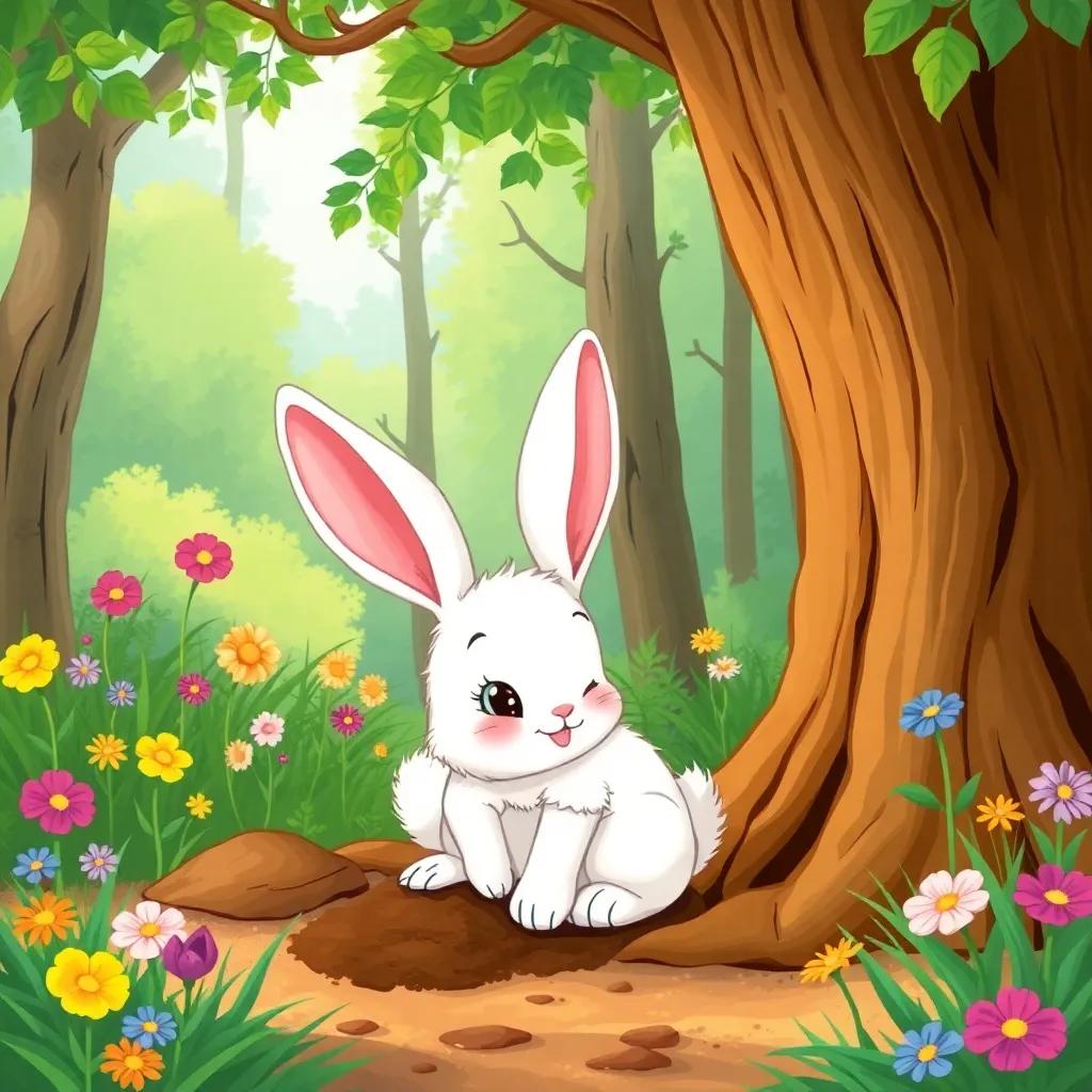 A curious little rabbit, Benny, with big ears and soft white fur, digging near a tall tree in a vibrant green forest with colorful flowers, cheerful atmosphere, bright sunlight, whimsical illustration, high quality