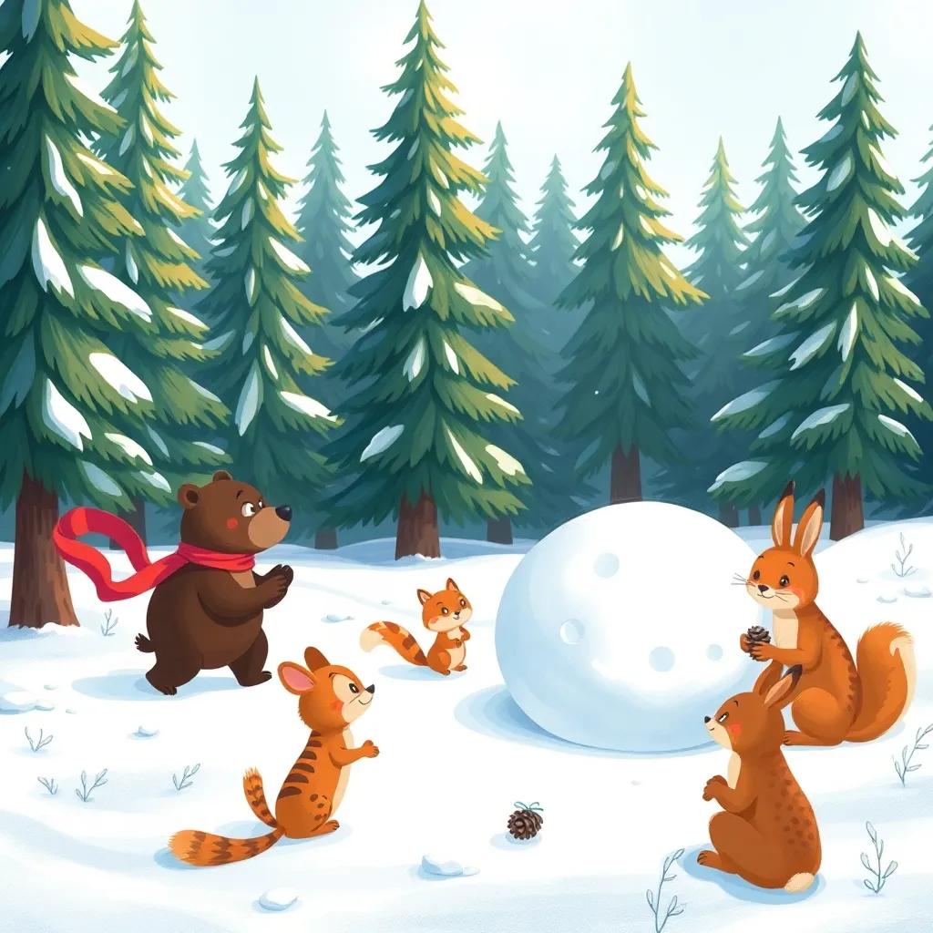 A snow-covered clearing with tall evergreens, Benny the Bear rolling a giant snowball, his red scarf trailing behind. Sammy the Squirrel zipping around with pinecones, while Lulu the Lynx sits, observing and Holly the Hare sits nearby, knitting, digital art, vibrant colors, cheerful atmosphere, high quality