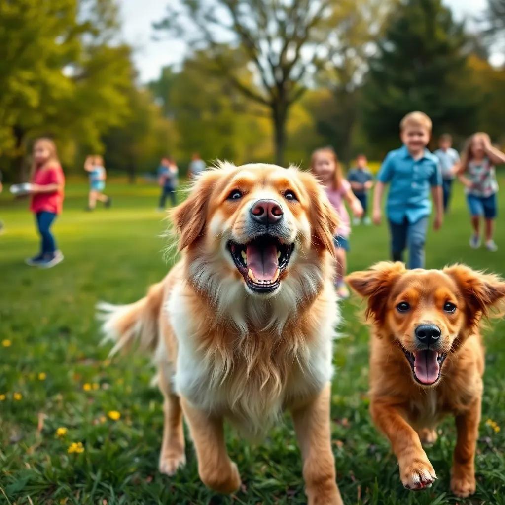 A playful golden retriever, Luna, barking excitedly in a park, with Benny the brown dog bounding over, surrounded by children playing and smiling, rich colors, cheerful day, lively mood, high quality