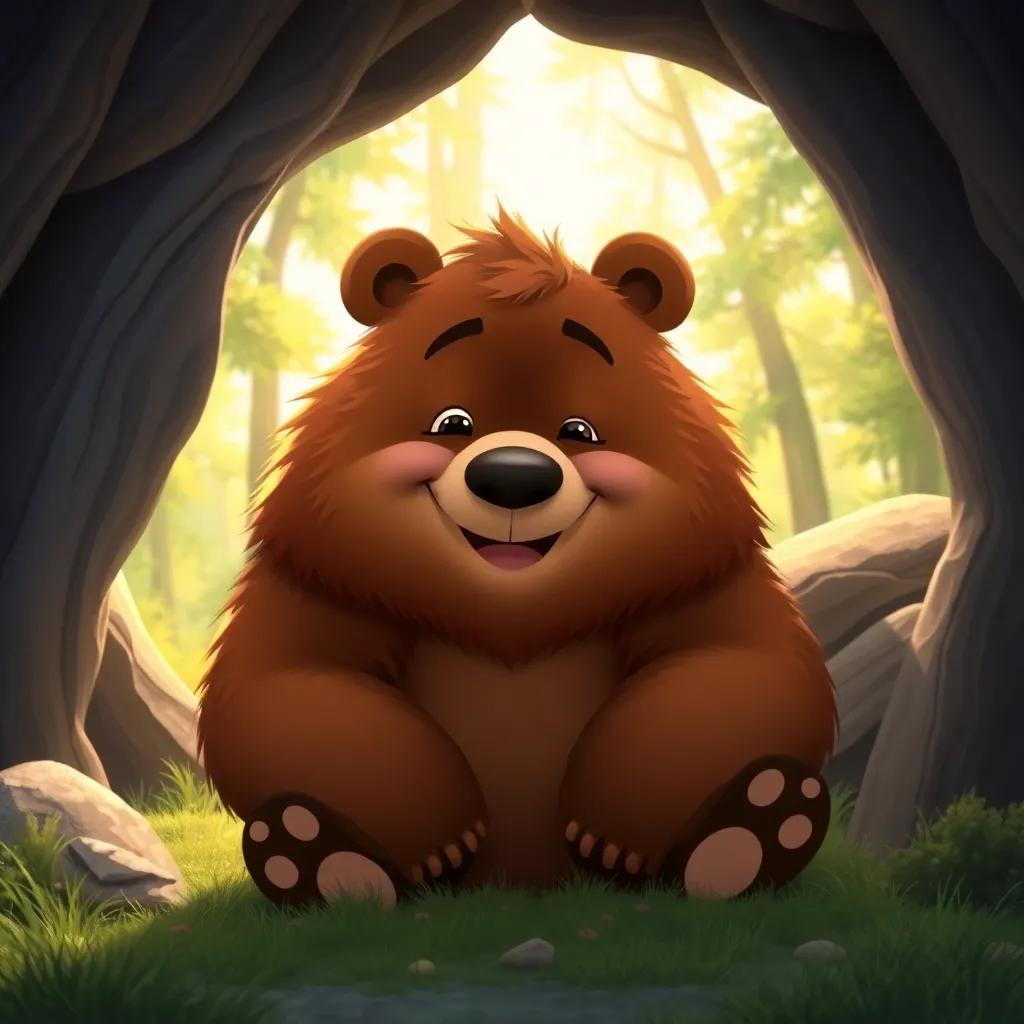 A cheerful bear named Benny with a fluffy brown coat and bright eyes, waking up in a cozy cave, surrounded by sunshine filtering through trees, digital art, bright and colorful, warm atmosphere, high quality