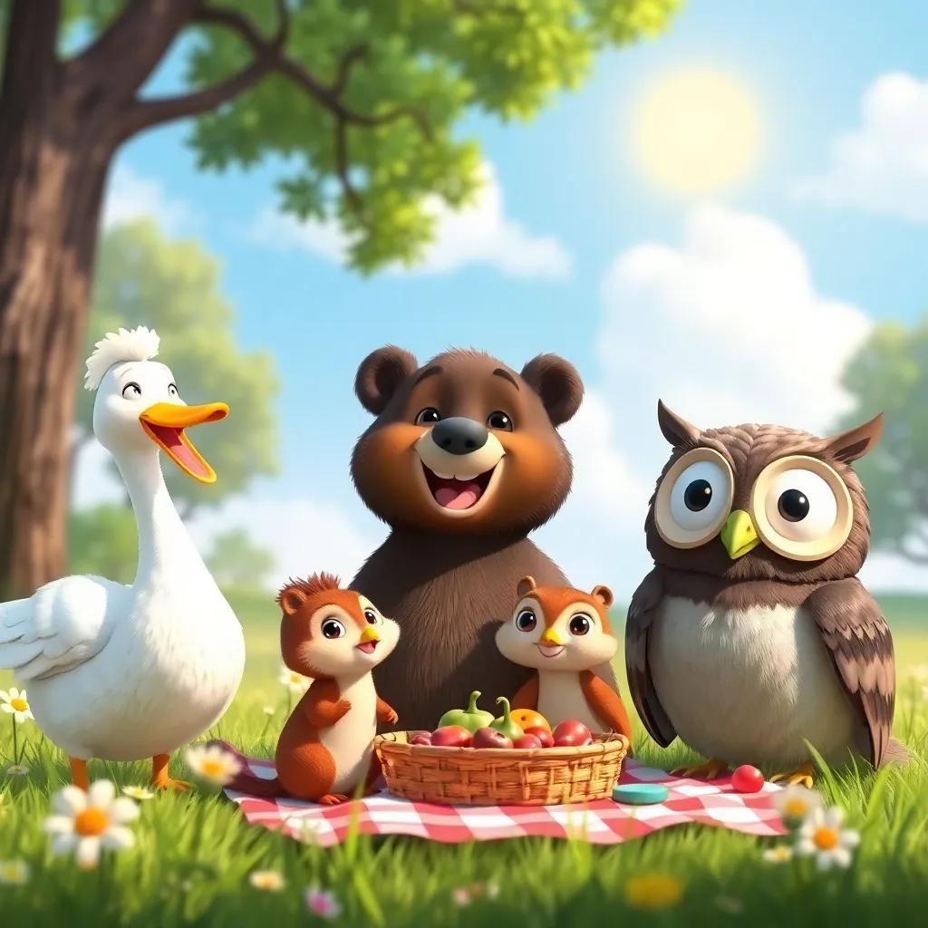 Benny the Bear happily calling his friends, a goose named Gina with a fluffy white body, a chipmunk named Chip with soft brown fur, and an owl named Ollie with large round eyes, gathered in a sunny meadow, cheerful vibe, playful expressions, colorful picnic scene, high quality