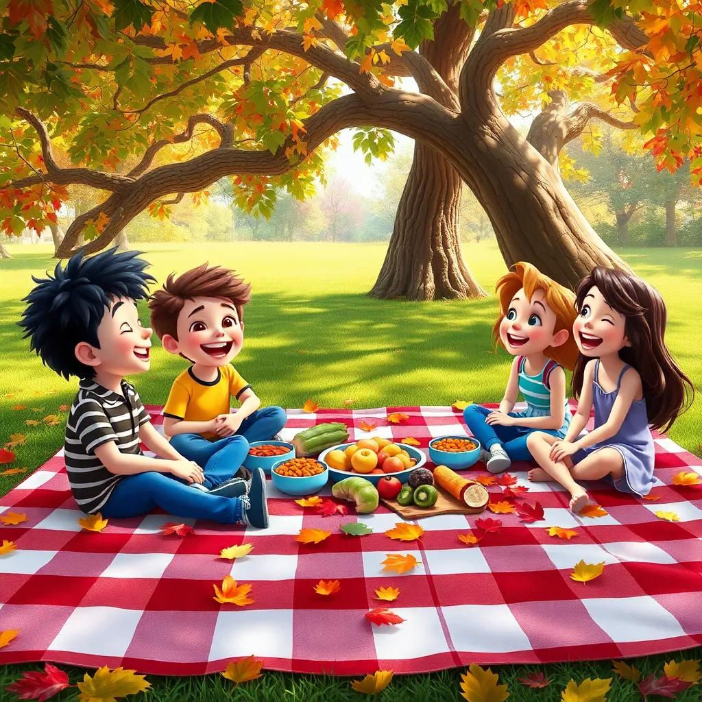The friends sitting on a big checkered blanket under a tree, arranged food on colorful leaves, with Benny smiling widely and friends laughing, bright colors, joyful atmosphere, digital art, high quality
