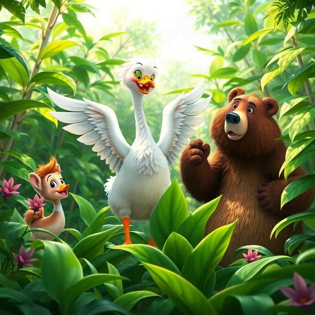 Gina the Goose flapping her wings while finding big leaves, surrounded by lush greenery, Benny the Bear looking excited, all friends working together, vibrant colors, teamwork scene, digital art, high quality