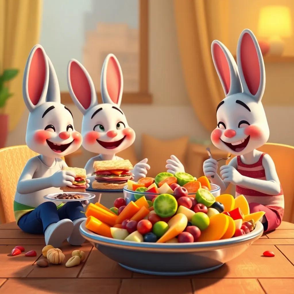 The happy scene of Benny and friends sitting and eating snacks, with bright sandwiches, carrots, nuts, and a big fruit salad, smiling and celebrating, delightful colors, heartfelt atmosphere, digital art, high quality