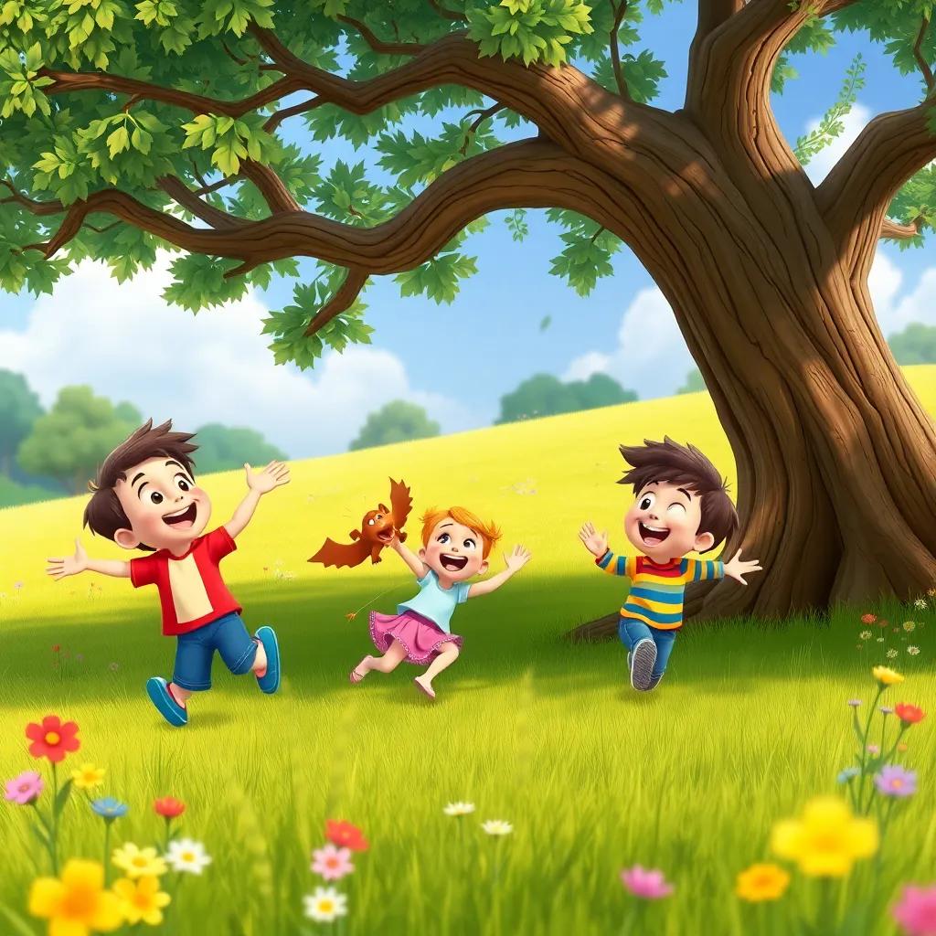 Benny, Gina, Chip, and Ollie playing games under the tree, running and jumping in the meadow, full of laughter and excitement, dynamic view, colorful, playful scene, digital art, high quality