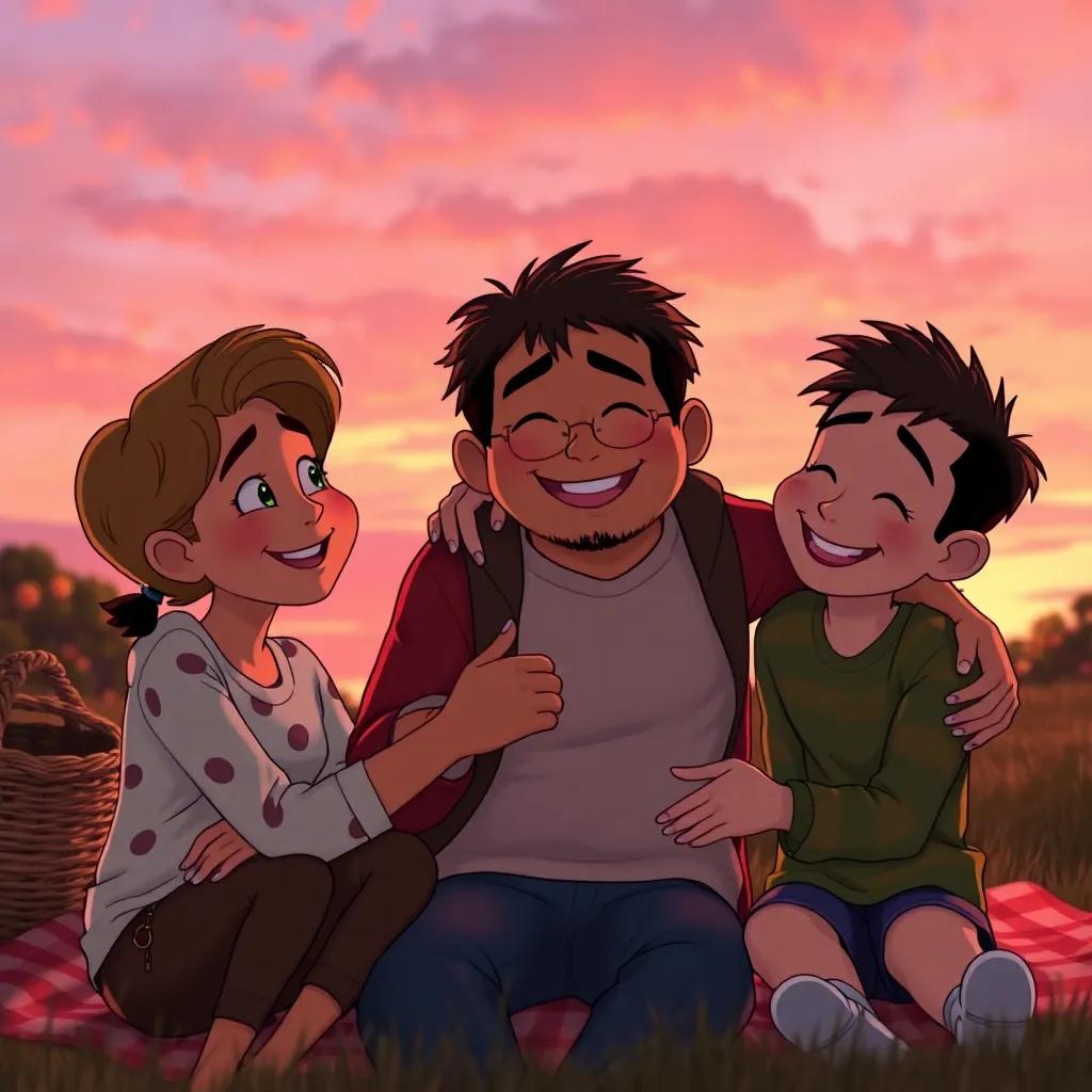 The friends smiling and hugging, Benny expressing gratitude for the wonderful picnic day, under the pink and orange sunset sky, warm colors, heartwarming vibe, digital art, high quality