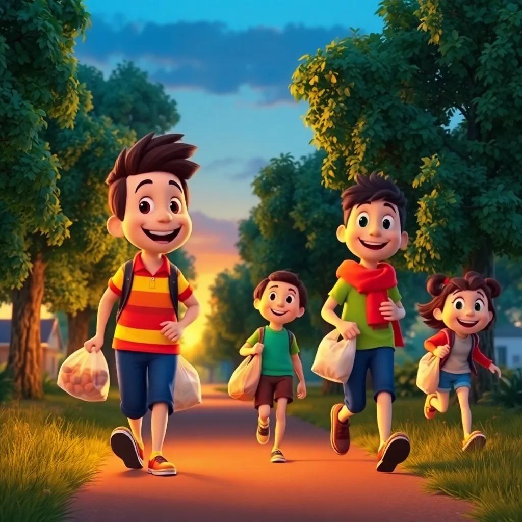 Benny walking home with his friends, all happy and chatting, carrying some leftovers in bags, lush green trees around, sunset lighting, cheerful colors, joyful scene, digital art, high quality