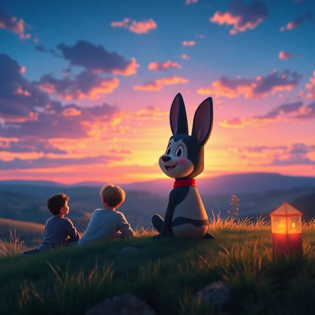 Benny reflecting happily after the picnic, sitting on a hill with friends, watching the sun set, vibrant colors of a beautiful evening sky, peaceful atmosphere, digital art, high quality