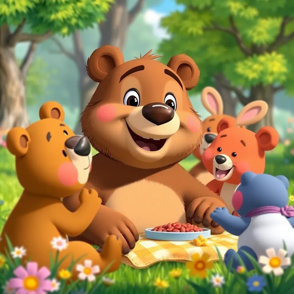 Benny the Bear smiling while surrounded by his friends, looking forward to more picnics in the future, bright colors, friendly vibe, lovely setting with trees and flowers, digital art, high quality