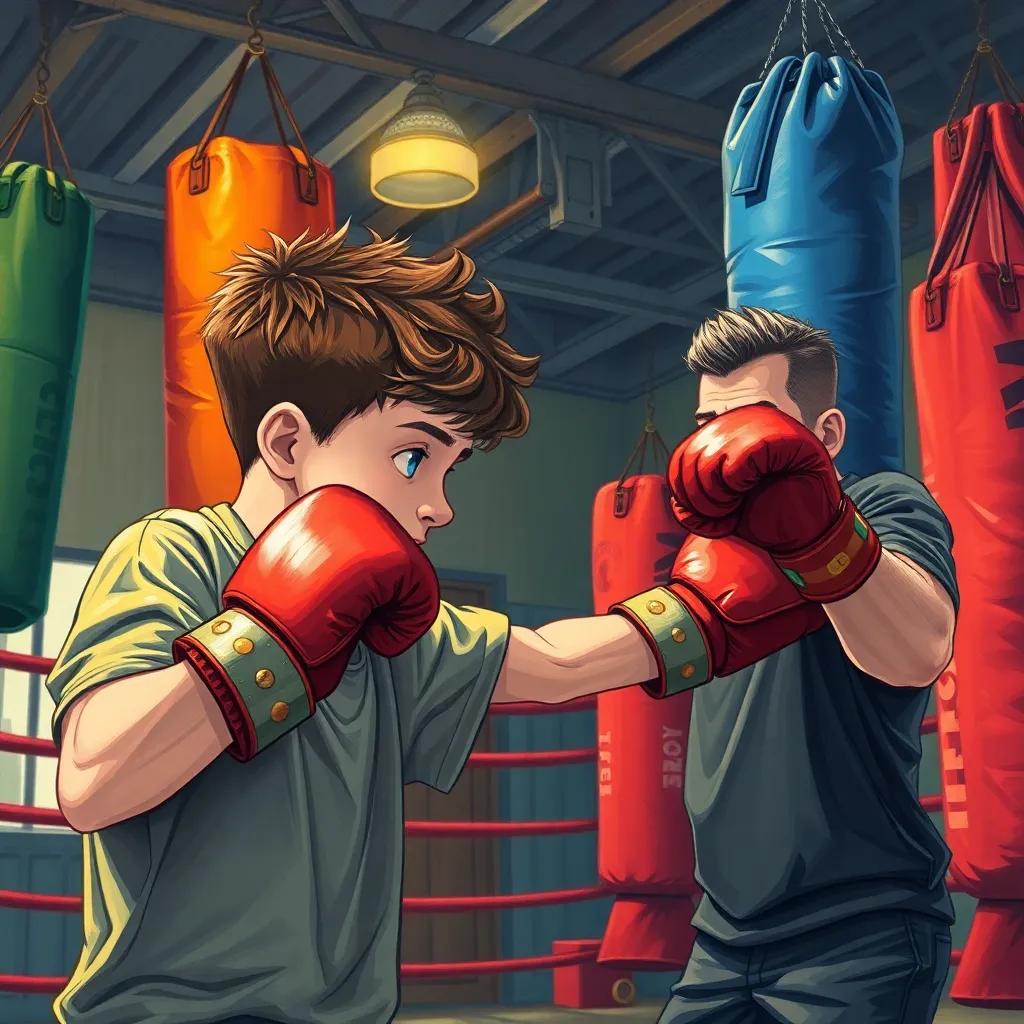 Benny, a young boy with short curly hair, practicing boxing punches with his dad in a big gym filled with colorful punching bags, energetic vibe, detailed illustration, warm lighting