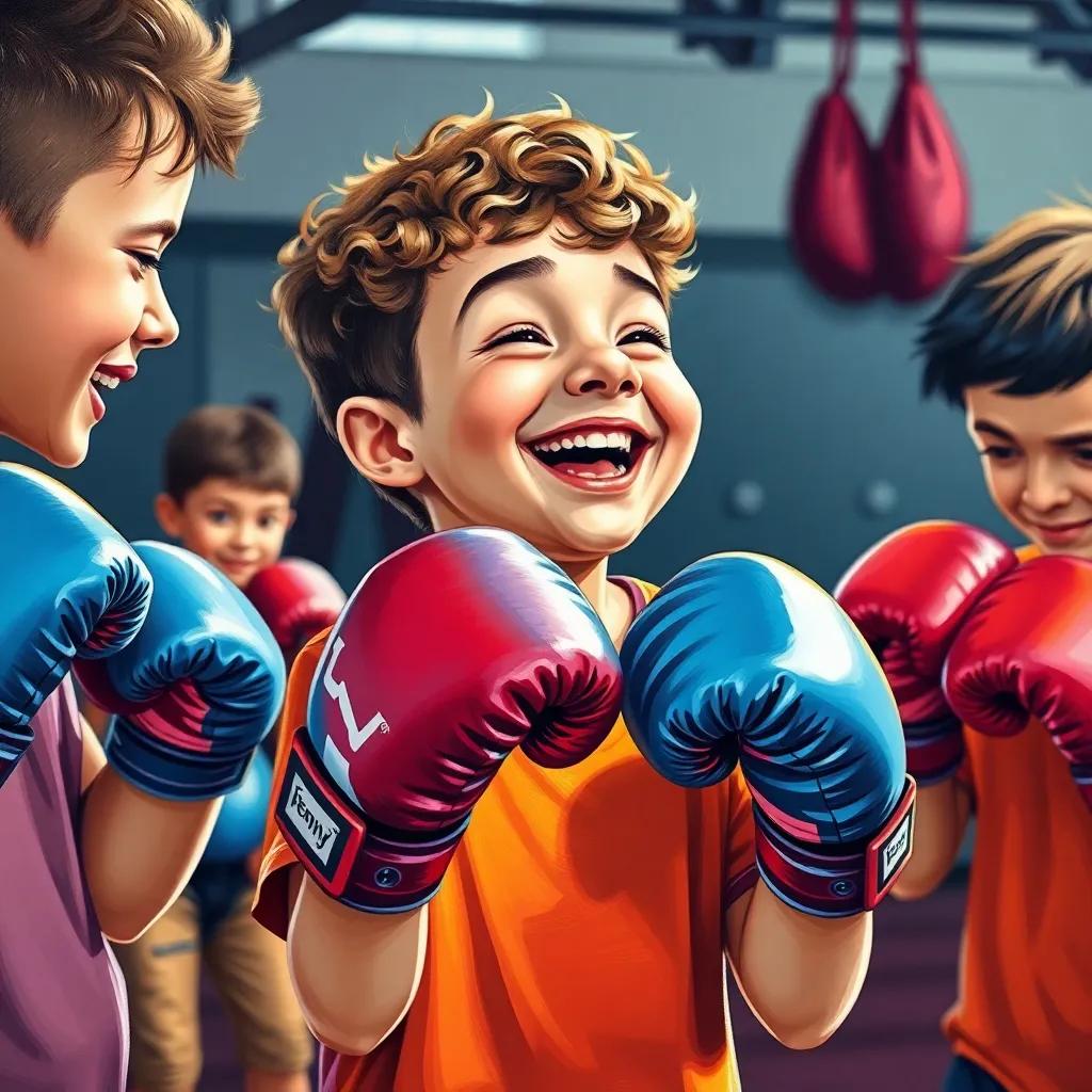 Benny, a young boy with short curly hair, laughing and training with his friends in the gym, all wearing matching boxing gloves, teamwork spirit, colorful and fun, children-friendly art