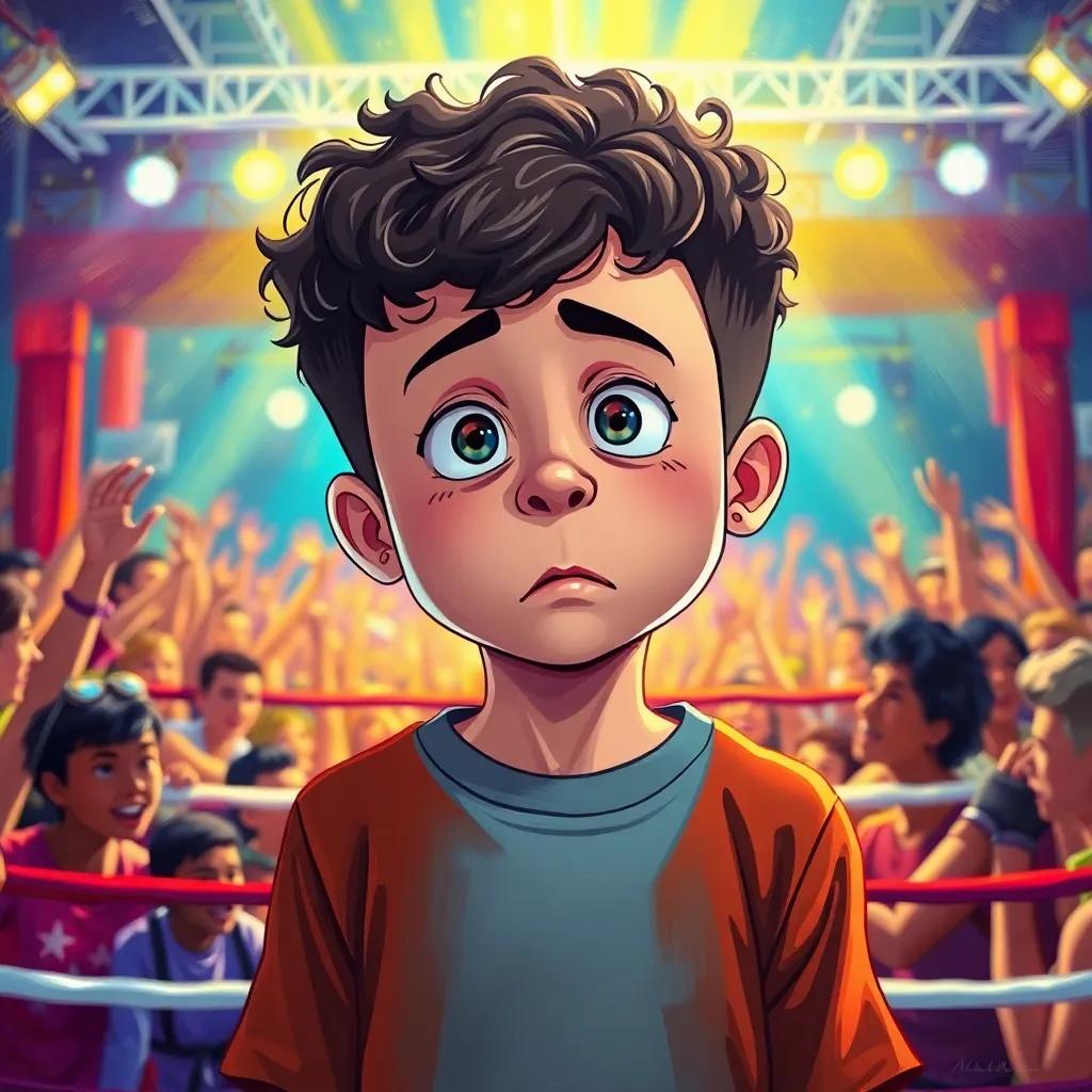 Benny, a young boy with short curly hair, feeling excited and nervous, standing in front of a bright boxing ring filled with cheering fans, vibrant colors, dramatic lighting, cartoonish style