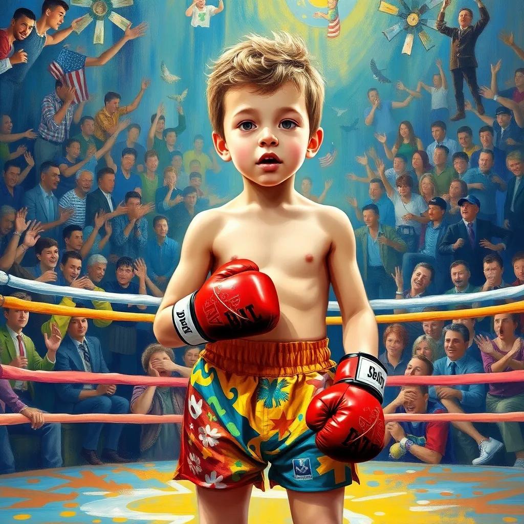 Benny, a young boy with short curly hair, wearing colorful shorts and shiny gloves, standing in the boxing ring, with a lively crowd cheering, exhilarating moment, dynamic illustration