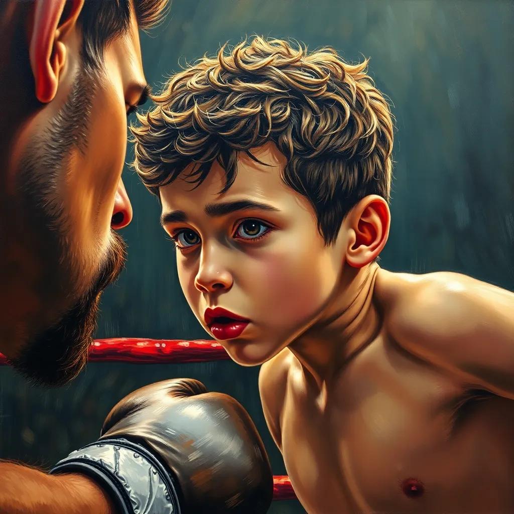 Benny, a young boy with short curly hair, taking a deep breath in the boxing ring, opposite a tough-looking opponent, intense atmosphere, detailed and vivid, high-energy scene