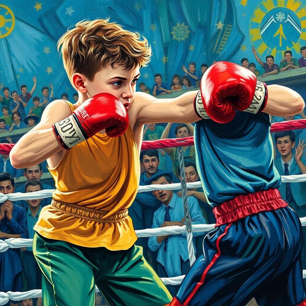 Benny, a young boy with short curly hair, fighting hard in the boxing ring, knocking down his opponent with a big punch, excited crowd in the background, action-packed scene, bold colors and movement