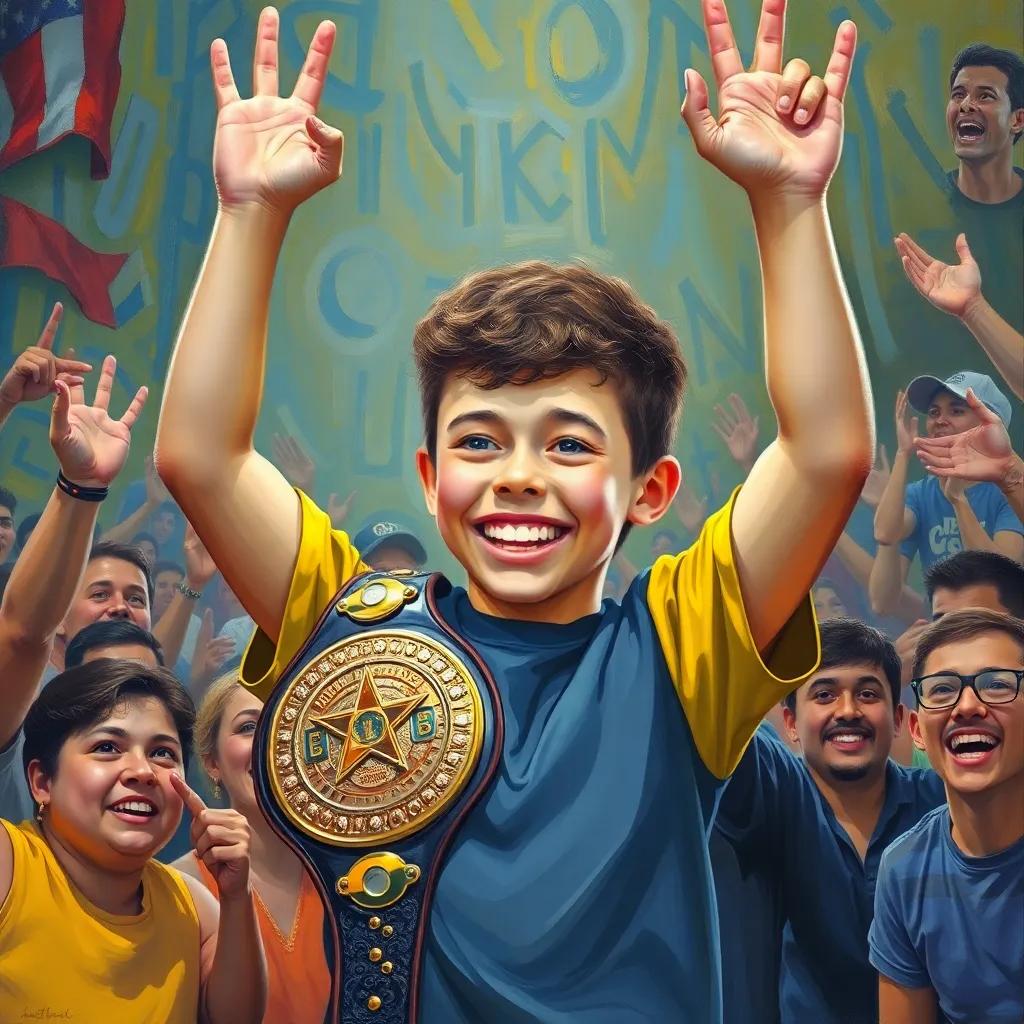 Benny, a young boy with short curly hair, celebrating his victory with a shiny championship belt in his hands, surrounded by cheering fans and friends, triumphant mood, bright and joyful