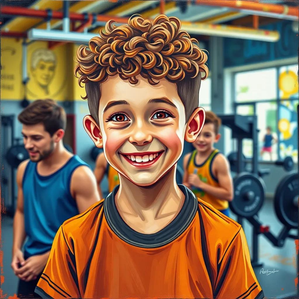 Benny, a young boy with short curly hair, smiling proudly while sharing his victory with friends, encouraging others in the gym, warm and inspiring, colorful art