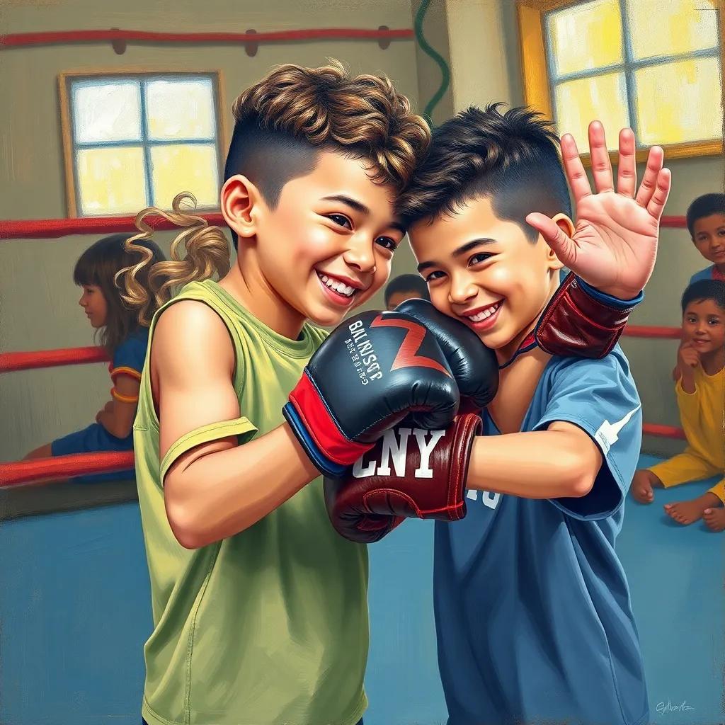 Benny, a young boy with short curly hair, helping another kid practice boxing, with big smiles and high energy, waving encouragement, uplifting community scene, child-friendly