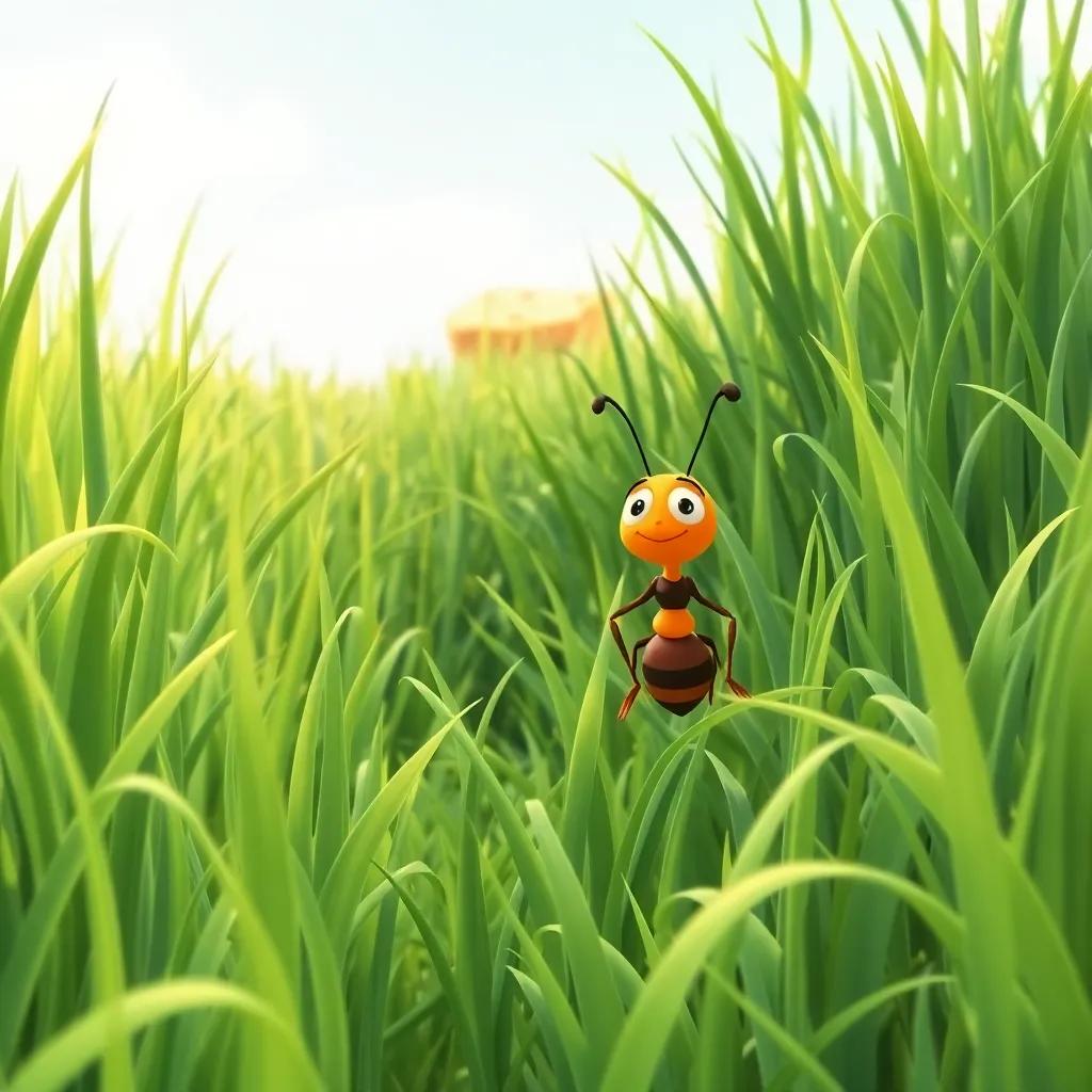 A tall grassy field with Benny the Ant walking through it, surrounded by green grass waving like ocean waves, a crumb of bread in the distance, bright sunlight, lively and cheerful, illustration, high quality