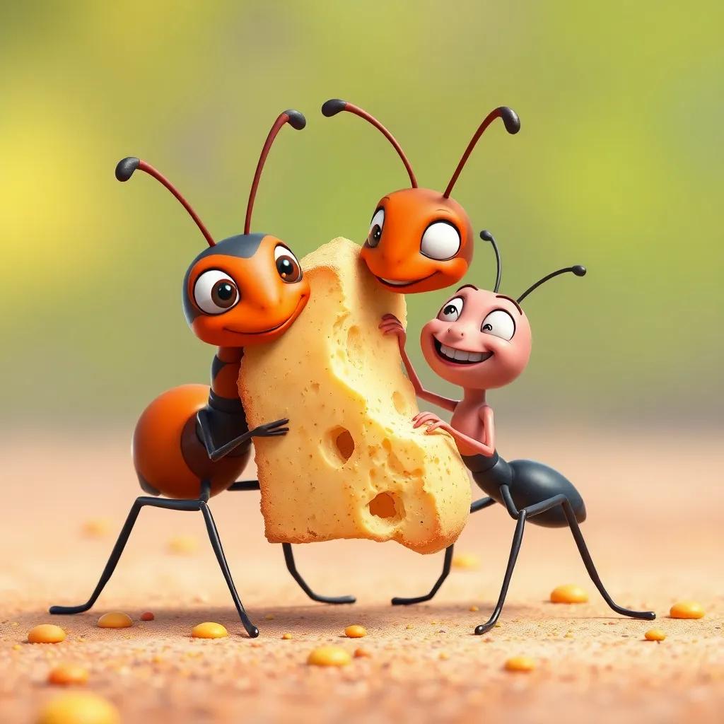 A big ant helping Benny, both ants working together to pull a large crumb of bread, teamwork and strength, colorful and fun, cartoon style, smiling expressions, vibrant background, high quality