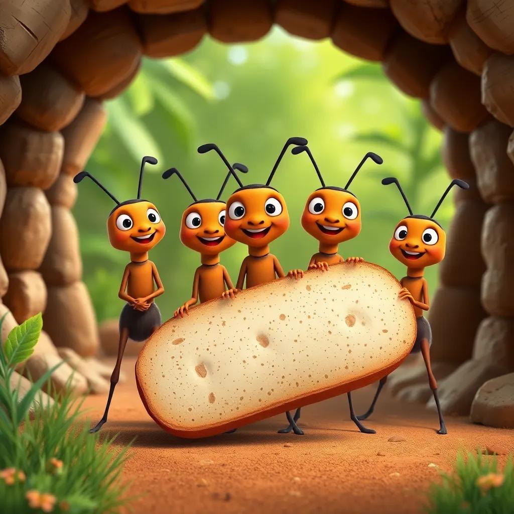 Benny and his ant friends pulling the bread together in a line, looking excited and strong, surrounded by the ant colony entrance, teamwork theme, bright colors, playful design, high quality
