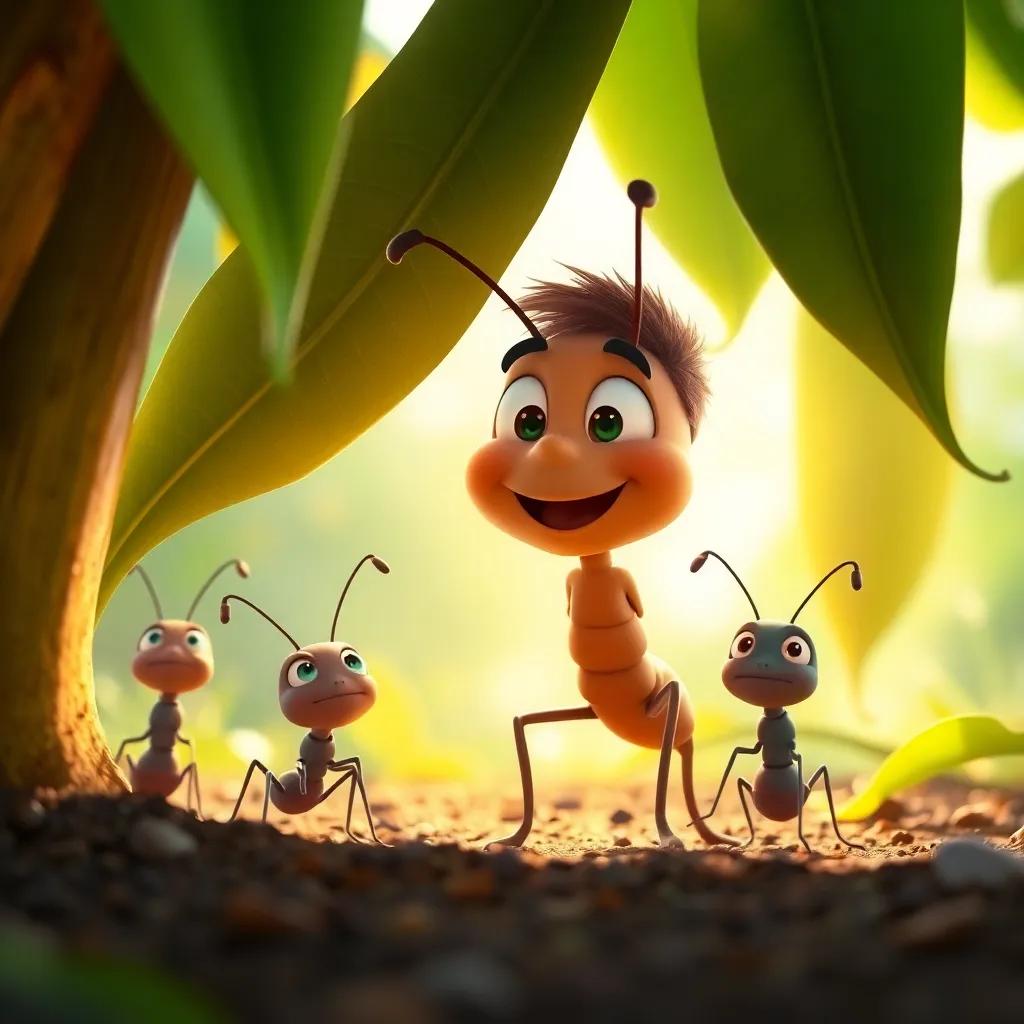 Benny and his ant friends coming out from under the leaves after the bird flew away, looking relieved and happy, sunlit scene with vibrant colors, cheerful atmosphere, high quality