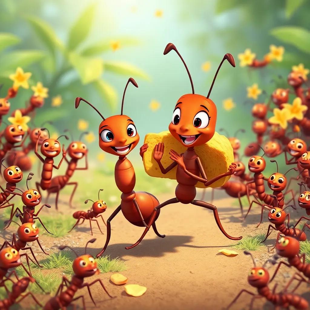 Benny the ant leading his friends back to the colony with the crumb of bread, all smiling and working together, surrounded by cheering ants, bright colors, happy ending, high quality