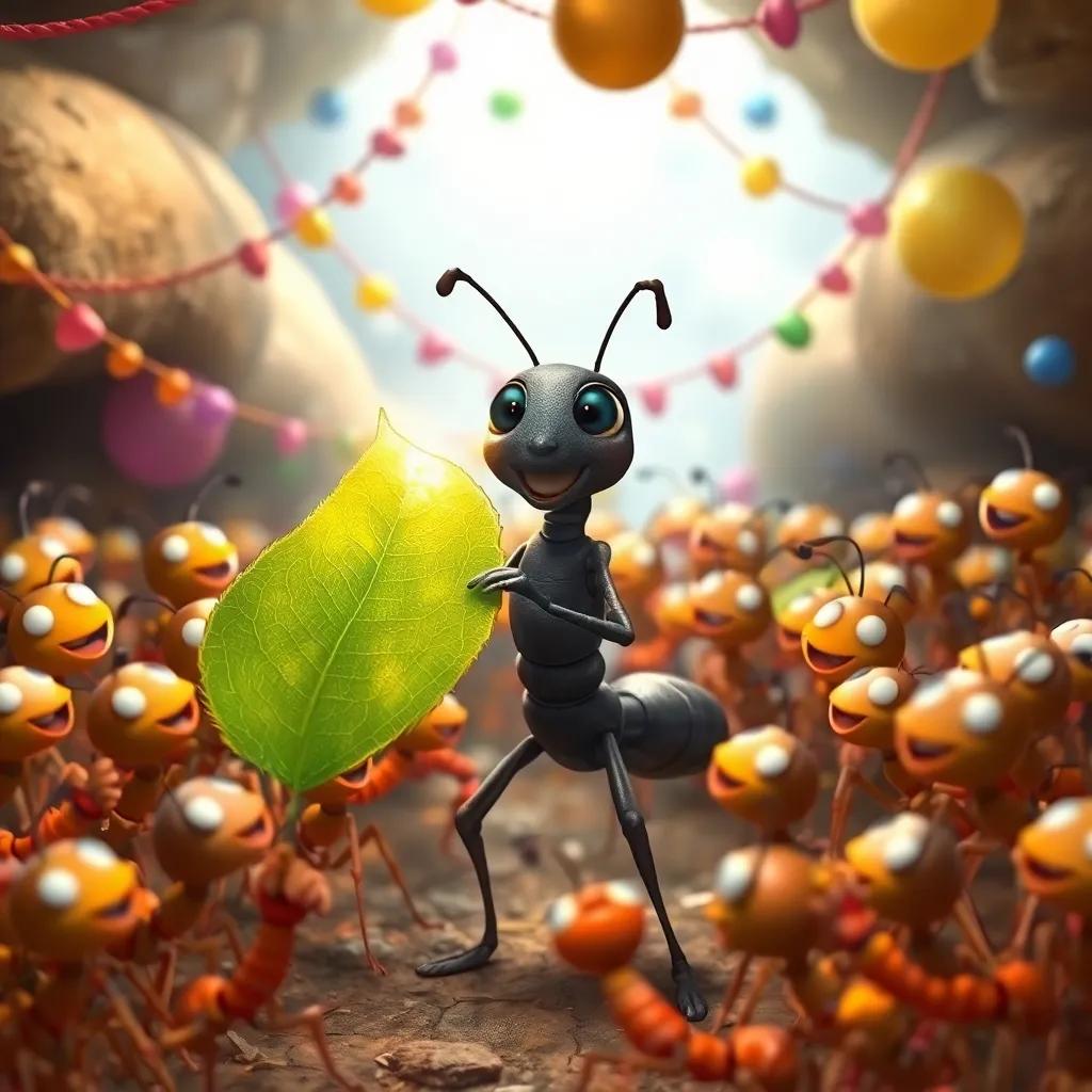 A big celebration in the ant colony with Benny receiving a shiny leaf from the queen ant, surrounded by happy ants, colorful decorations, joyful expressions, illustration, high quality