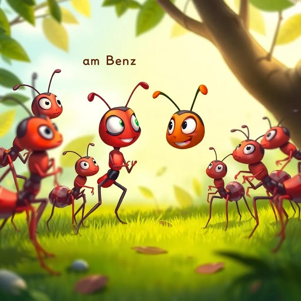 Benny the Brave Ant sharing his adventure with other ants, telling his story with a big heart, atmosphere of friendship and courage, vibrant colors, cartoon style, high quality