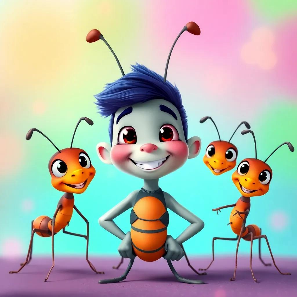 Benny smiling proudly with his ant friends around him, ready for more adventures, colorful background, theme of teamwork and bravery, cheerful and inviting, high quality