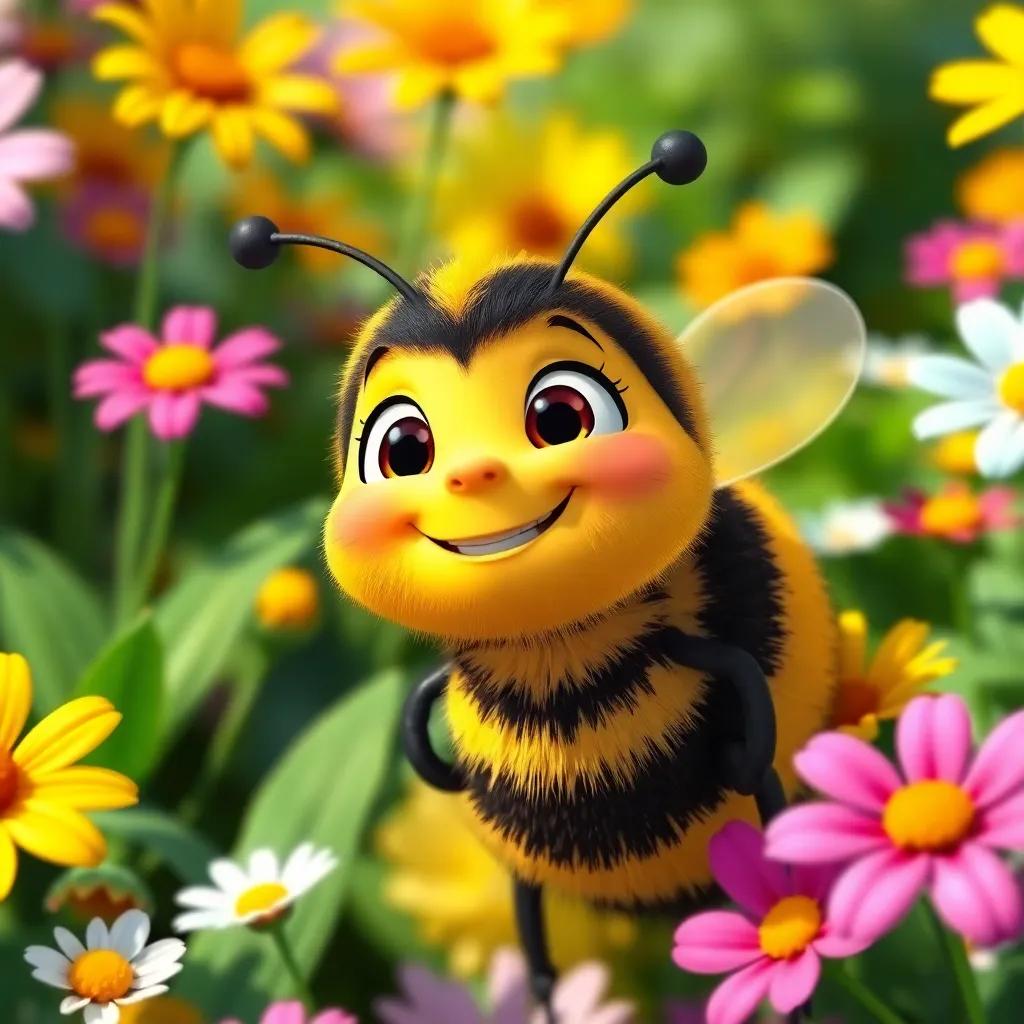 A little bumblebee named Benny with yellow and black stripes, standing between colorful flowers in a bright garden, smiling with dreams in his eyes, digital art, vibrant colors, cheerful atmosphere, close-up