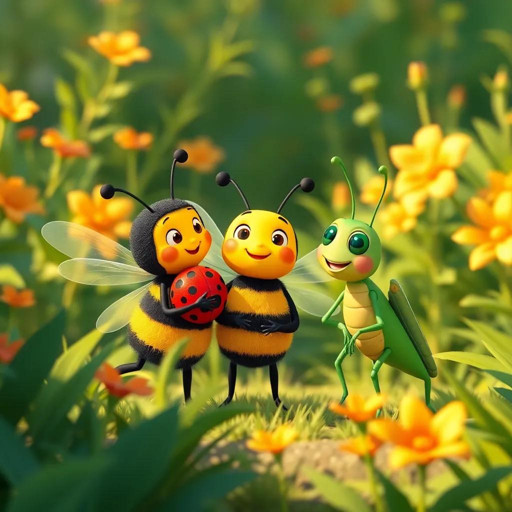 Benny the bumblebee with his friends Lola the ladybug (red with black spots) and Sammy the grasshopper (green), huddled in a sunny garden discussing flying high, illustration, warm light, friendly vibe, dynamic angle