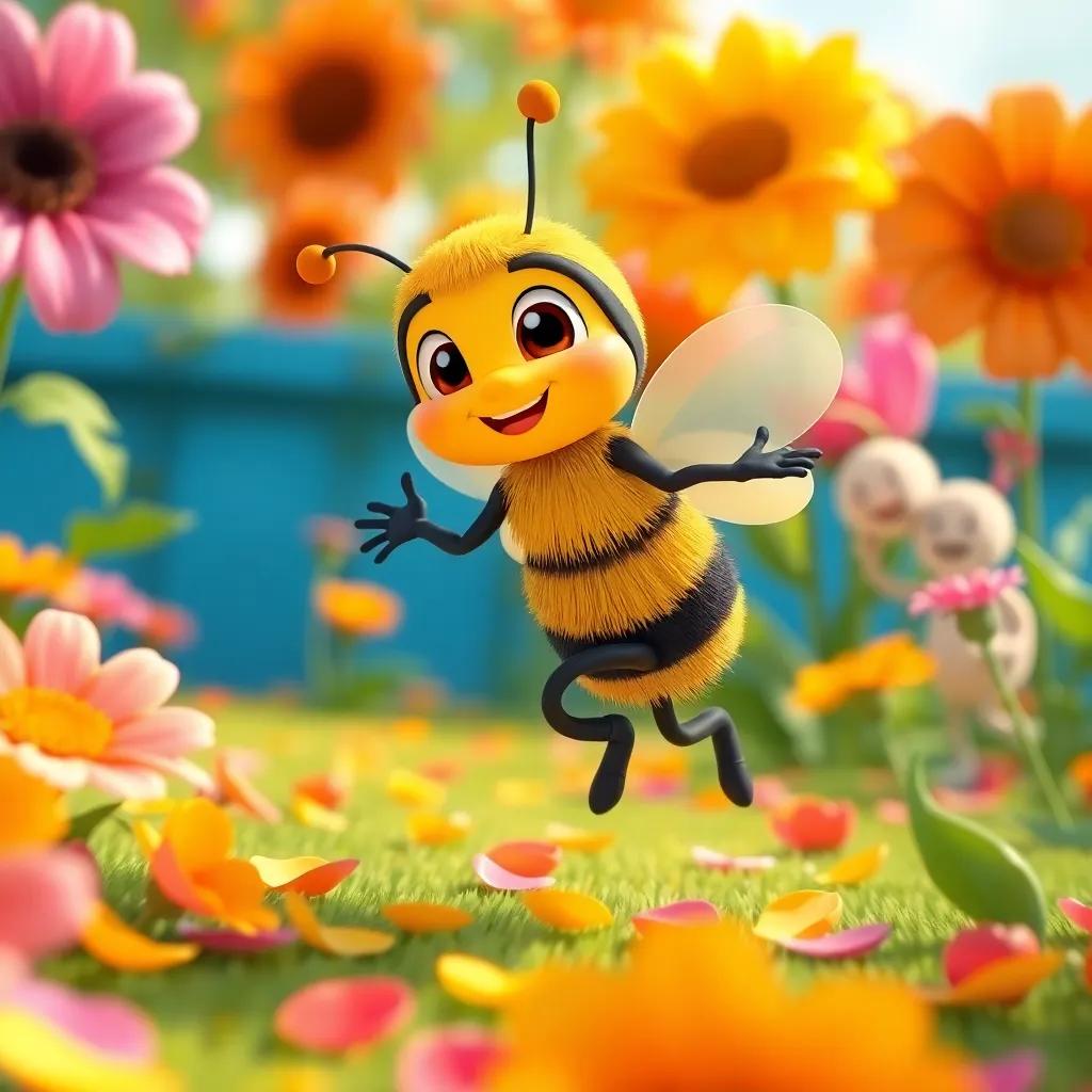 Benny the bumblebee taking tiny steps off the ground with Lola and Sammy cheering him on in the flower garden, colorful petals around, joyous celebration, cartoon style, bright colors, lively perspective