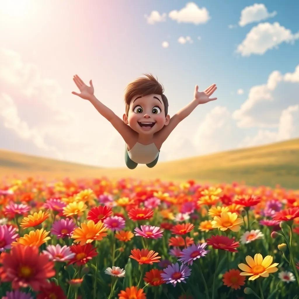 Benny soaring above a field of vibrant flowers, feeling the wind on his wings and the sunlight, a big smile on his face, looking brave and free, digital painting, vivid colors, inspiring view
