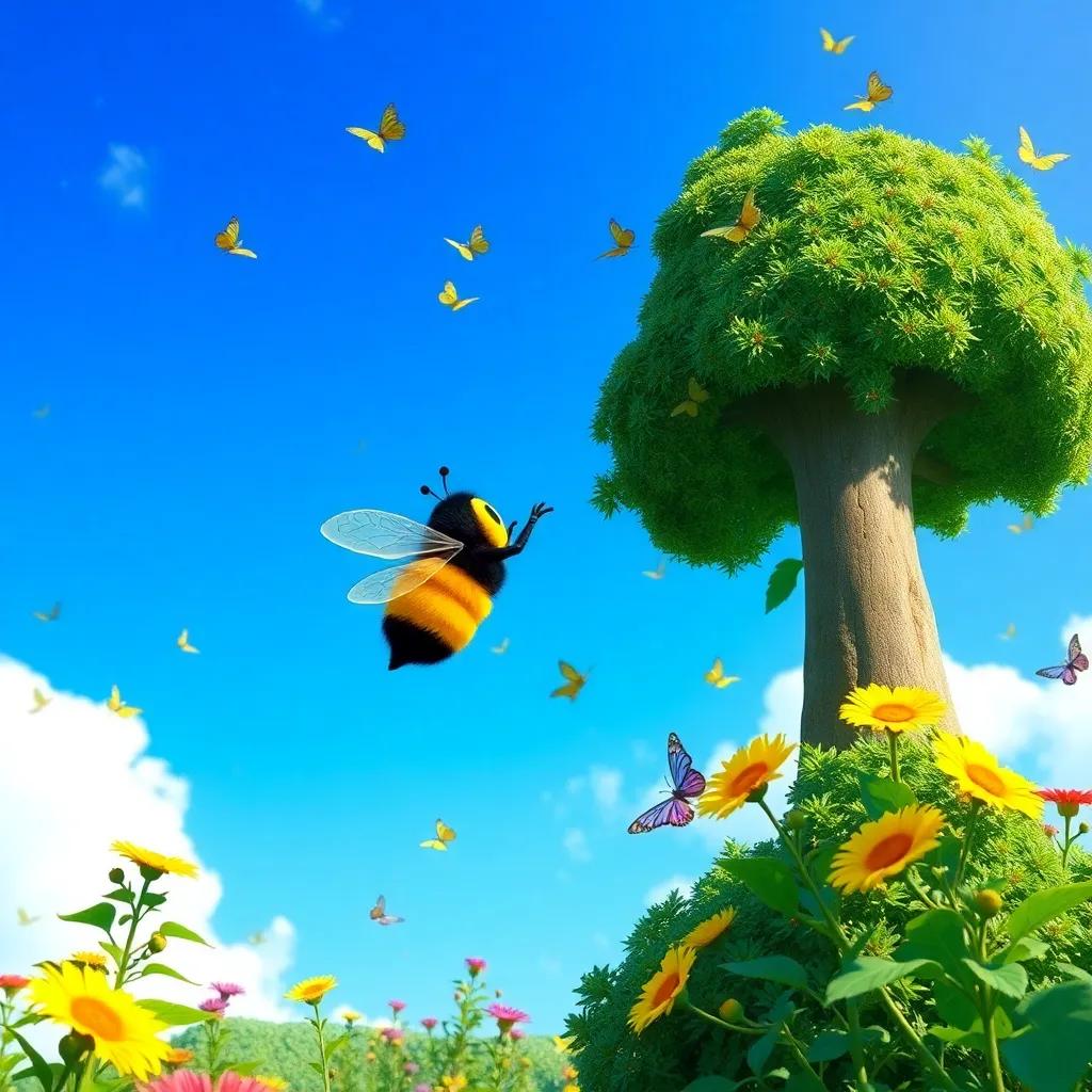 Benny the bumblebee reaching the top of a tall tree in the garden, surrounded by butterflies and bright blue sky, a feeling of triumph, colorful, sunny, uplifting composition