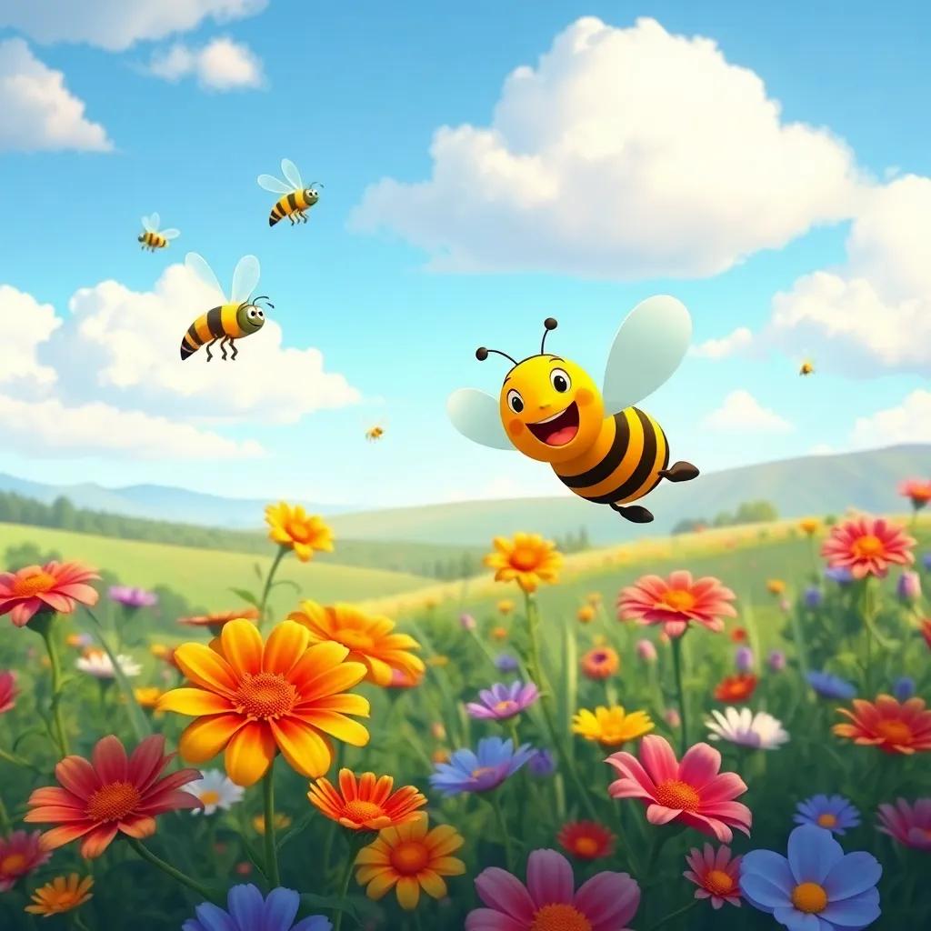 Benny joyously flying every day above the flower garden, discovering new blooms and flying with other bees, showcasing a beautiful landscape, cartoon style, rich colors, vibrant atmosphere
