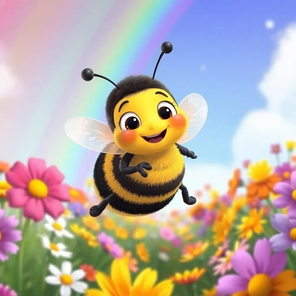 Benny the bumblebee on a big adventure, flying through a rainbow of flowers while smiling, feeling brave and happy, whimsical illustration, bright colors combined, playful view