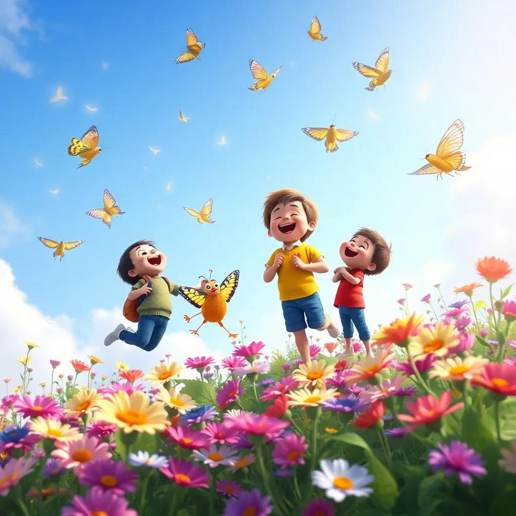 Benny and his friends laughing and playing in the sky above the flower garden filled with butterflies and birds, creating joy and excitement in the air, digital art, charming colors, heartwarming scene